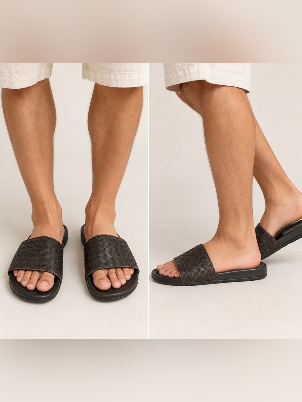 Authentic Bottega Veneta Woven Leather Slide Sandals – Black/Brown – EU 45 / US
